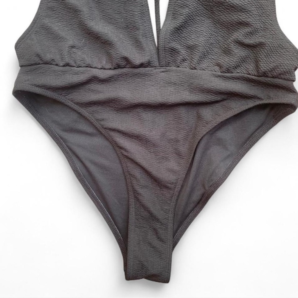 Deep Plunge Modern Minimalist Motel Rocks Black One Piece Swimsuit - Picture 3 of 6